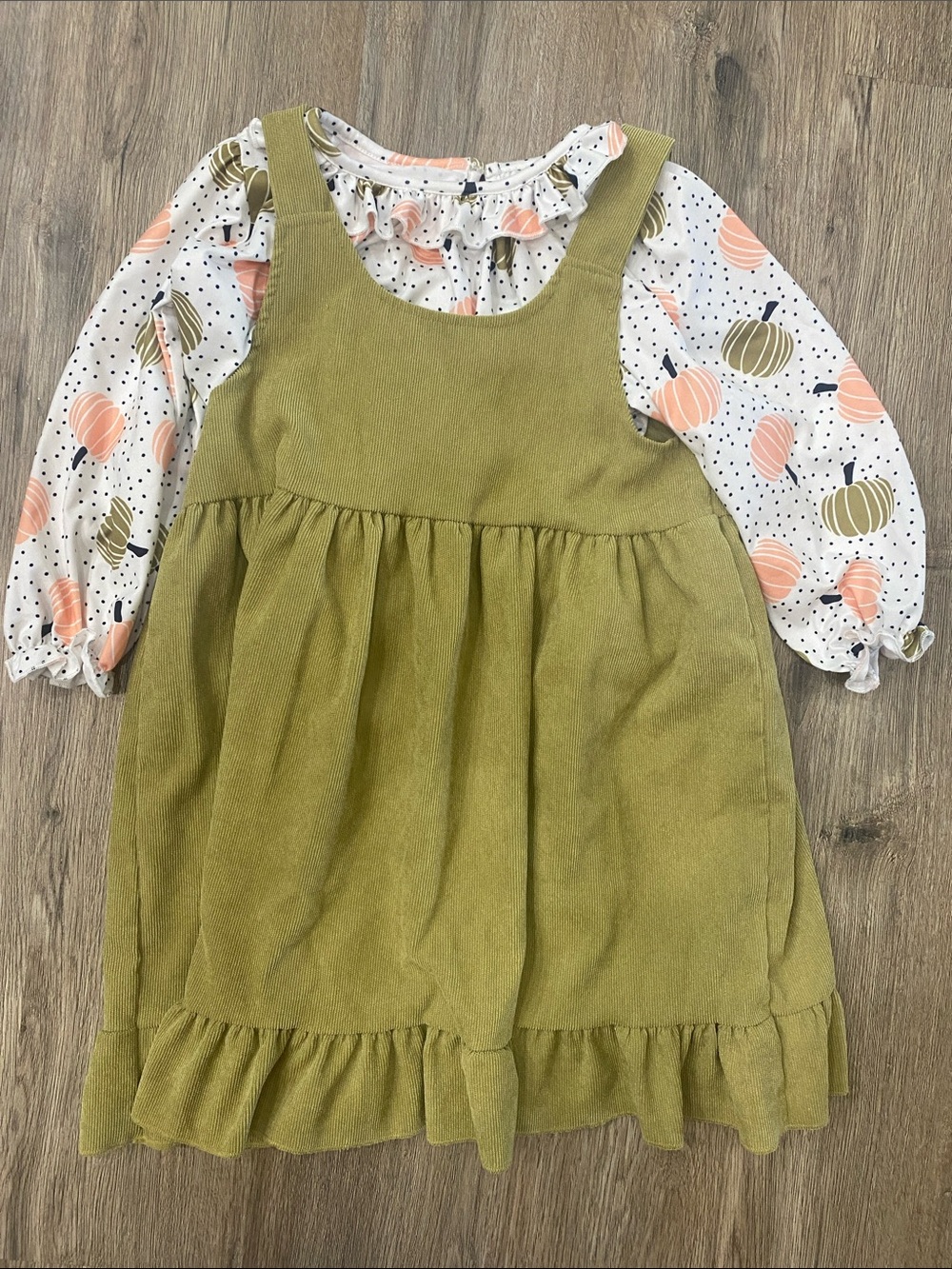 Olive Green Girls' Pinafore Dress & Pumpkin Print Top Matching Set
